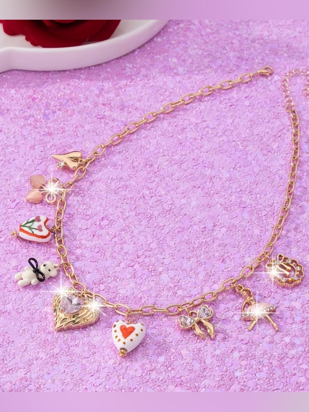 Gold Charm Heart Necklace with Pink, Red, & White Accents